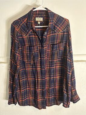 Express Navy Plaid Button-Down Shirt with Orange Accents